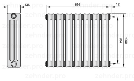 Схема (чертеж) Радиатор Zehnder Charleston 4100/14 №7610 Белый глянцевый RAL 9016